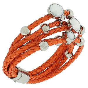 Fashion Alloy Orange Faux PU Leather Silver-Tone Multi-Row Layer Bracelet