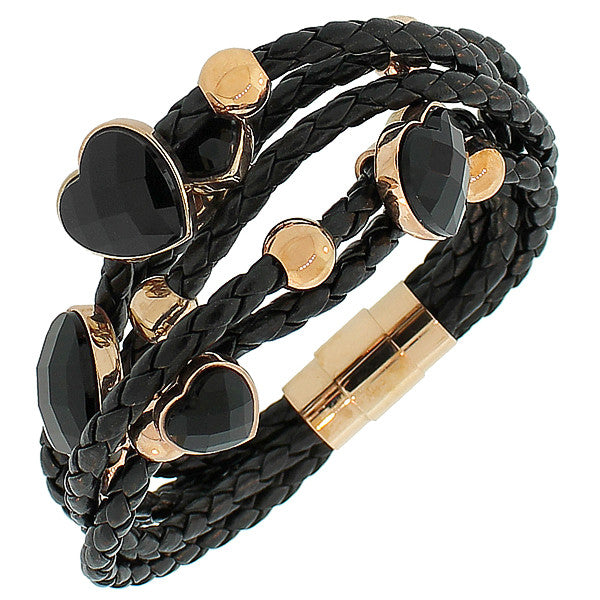 Fashion Alloy Black Faux PU Leather Rose Gold-Tone Love Heart Multi-Row Layer Bracelet