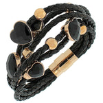 Fashion Alloy Black Faux PU Leather Rose Gold-Tone Love Heart Multi-Row Layer Bracelet