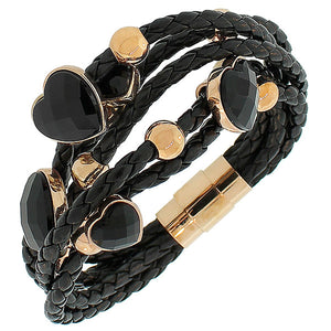 Fashion Alloy Black Faux PU Leather Rose Gold-Tone Love Heart Multi-Row Layer Bracelet