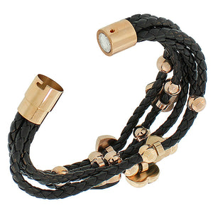 Fashion Alloy Black Faux PU Leather Rose Gold-Tone Love Heart Multi-Row Layer Bracelet