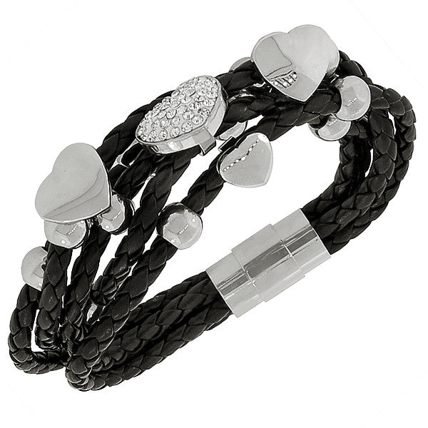 Fashion Alloy Black Faux PU Leather Silver-Tone Love Heart Multi-Row Layer Bracelet