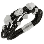 Fashion Alloy Black Faux PU Leather Silver-Tone Love Heart Multi-Row Layer Bracelet