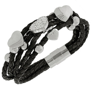 Fashion Alloy Black Faux PU Leather Silver-Tone Love Heart Multi-Row Layer Bracelet