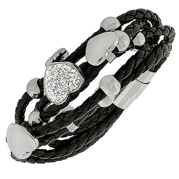 Fashion Alloy Black Faux PU Leather Silver-Tone Love Heart Multi-Row Layer Bracelet