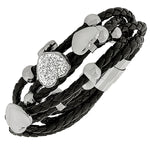 Fashion Alloy Black Faux PU Leather Silver-Tone Love Heart Multi-Row Layer Bracelet
