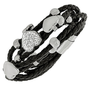 Fashion Alloy Black Faux PU Leather Silver-Tone Love Heart Multi-Row Layer Bracelet