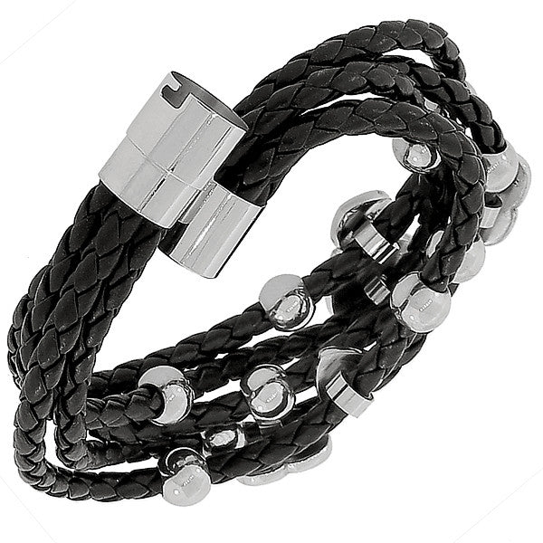 Fashion Alloy Black Faux PU Leather Silver-Tone Love Heart Multi-Row Layer Bracelet