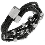 Fashion Alloy Black Faux PU Leather Silver-Tone Love Heart Multi-Row Layer Bracelet
