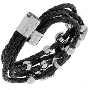 Fashion Alloy Black Faux PU Leather Silver-Tone Love Heart Multi-Row Layer Bracelet