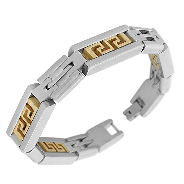 Stainless Steel Two-Tone Greek Key Link Chain Mens Bracelet with Clasp