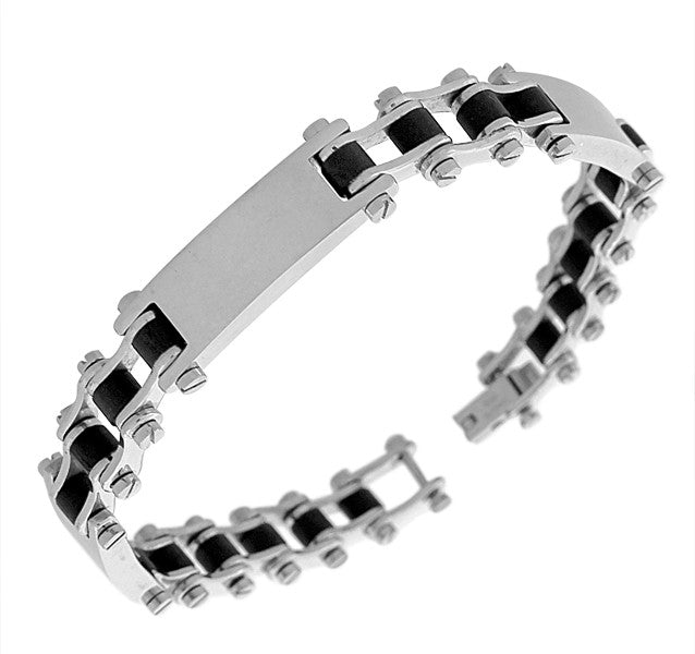 Stainless Steel Silver-Tone Black Rubber Silicone Link Chain Mens Bracelet