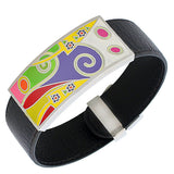 Black Faux PU Leather Silver-Tone Multicolor Open End Cuff  Womens Bracelet