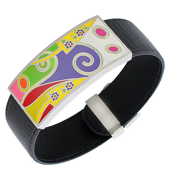 Black Faux PU Leather Silver-Tone Multicolor Open End Cuff  Womens Bracelet