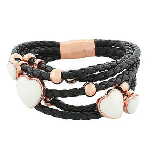 Fashion Alloy Black Faux PU Leather Rose Gold-Tone White Love Heart Multi-Row Layer Bracelet
