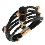 Fashion Alloy Black Faux PU Leather Rose Gold-Tone Multi-Row Layer Bracelet