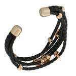 Fashion Alloy Black Faux PU Leather Rose Gold-Tone Multi-Row Layer Bracelet