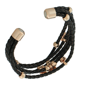 Fashion Alloy Black Faux PU Leather Rose Gold-Tone Multi-Row Layer Bracelet