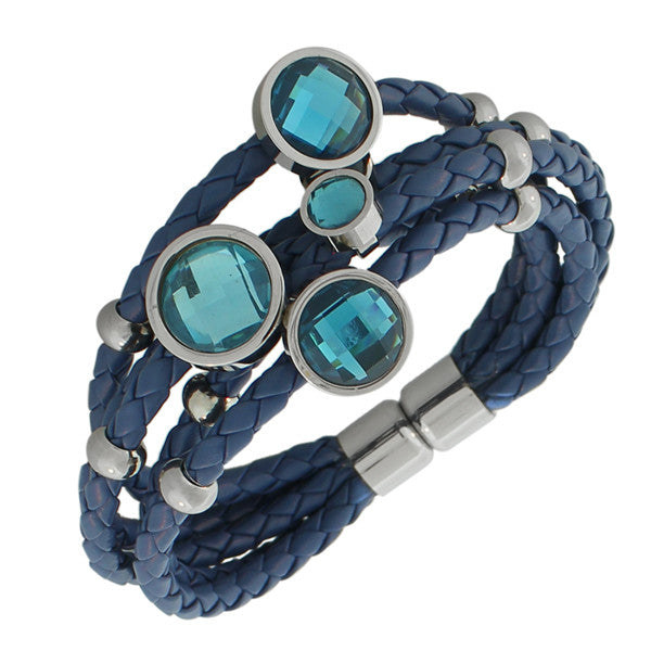 Fashion Alloy Blue Faux PU Leather Silver-Tone CZ Love Heart Multi-Row Layer Bracelet
