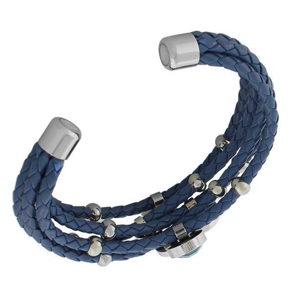Fashion Blue Leather Silver-Tone CZ Love Heart Multi-Row Layer Bracelet