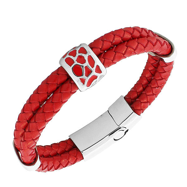 Red PU Leather Braided Silver-Tone Wristband Womens Bracelet with Clasp