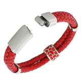 Red Leather Braided Silver-Tone Wristband Womens Bracelet