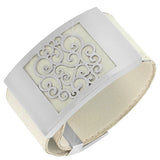 Stainless Steel White Faux PU Leather Silver-Tone Open End Cuff  Womens Bracelet