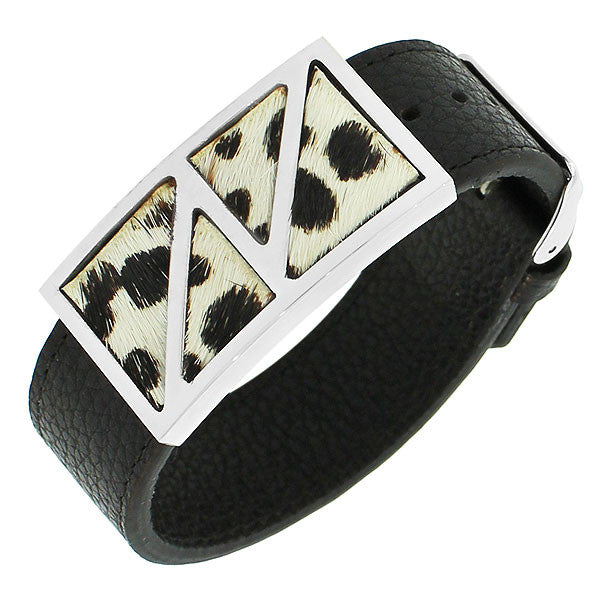 Stainless Steel Black Faux Leather Silver-Tone Animal Print Leopard Womens Bracelet