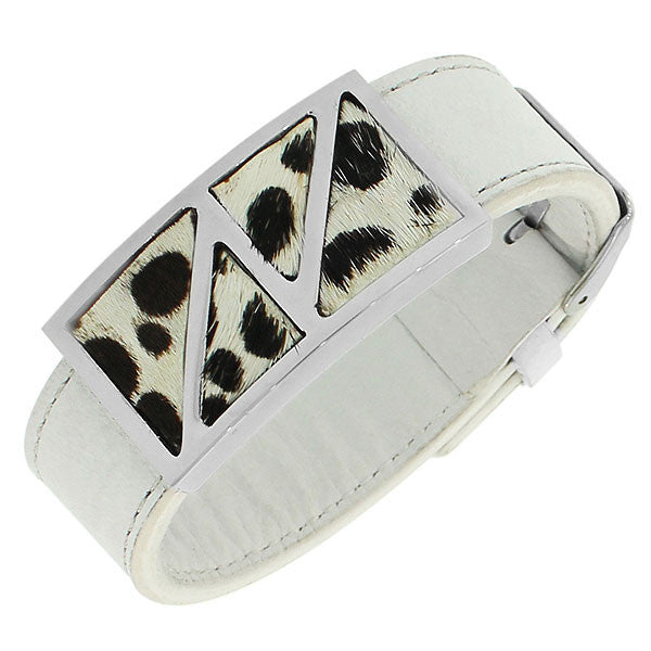 Stainless Steel White Faux Leather Silver-Tone Animal Print Leopard Womens Bracelet