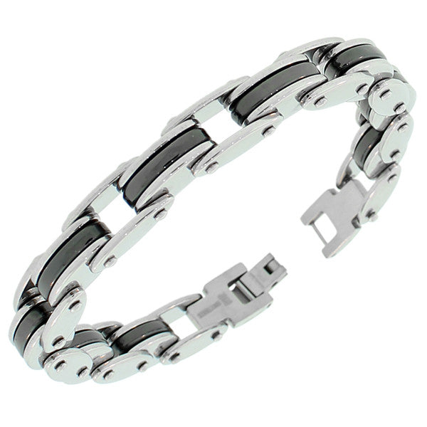 Stainless Steel Silver-Tone Black Link Chain Mens Bracelet with Clasp