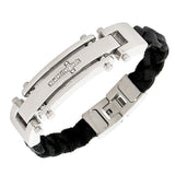 Stainless Steel Black PU Leather Silver-Tone White CZ Religious Cross Mens Bracelet