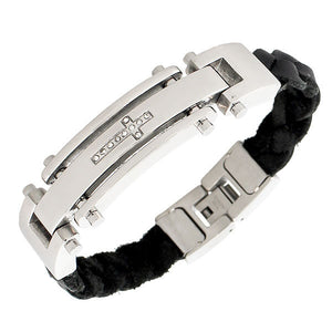 Stainless Steel Black PU Leather Silver-Tone White CZ Religious Cross Mens Bracelet