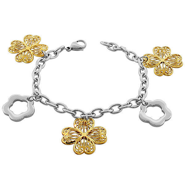 Stainless Steel Two-Tone Womens Links Chain Flowers Floral Bracelet
