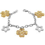 Stainless Steel Two-Tone Womens Links Chain Flowers Floral Bracelet
