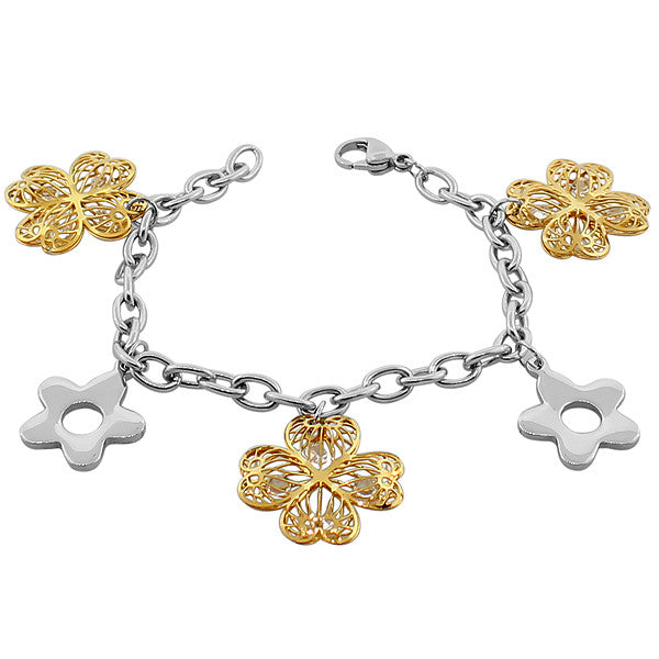 Stainless Steel Two-Tone Womens Links Chain Flowers Floral Bracelet