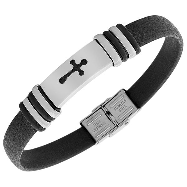 Stainless Steel Black Faux Leather Silver-Tone Cross Religious Mens  Bracelet