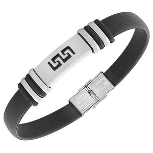 Stainless Steel Black Faux Leather Silver-Tone Greek Key Mens  Bracelet