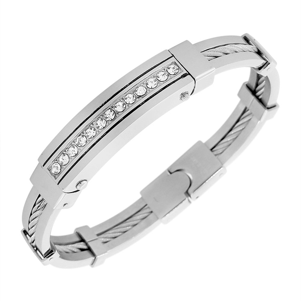 Stainless Steel Silver-Tone Twisted Cable Rope White CZ Mens Cuff Bracelet