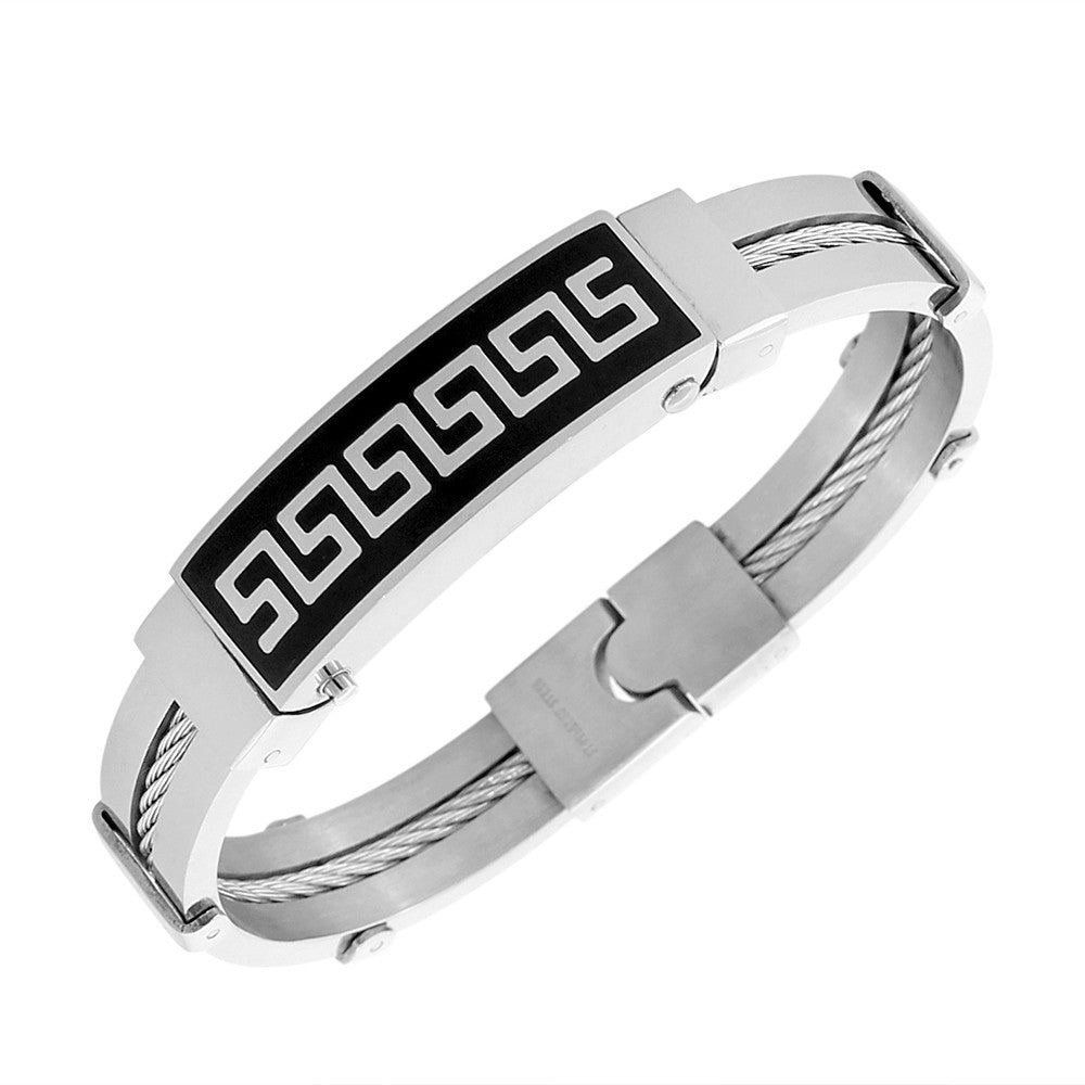 Stainless Steel Black Silver-Tone Twisted Cable Rope Greek Key Mens Cuff Bracelet