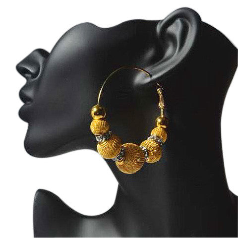 Fashion Alloy Yellow Gold-Tone White CZ Mesh Extra Large Womens Hoop Earrings