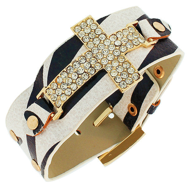 Faux Leather Zebra Black White Pattern Yellow Gold-Tone Religious Cross CZ Wristband Adjustable Bracelet