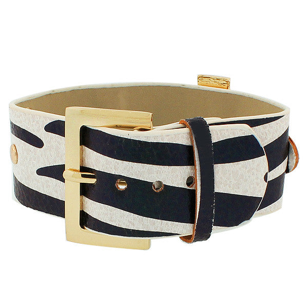 Faux Leather Zebra Black White Pattern Religious Cross CZ Wristband Adjustable Bracelet