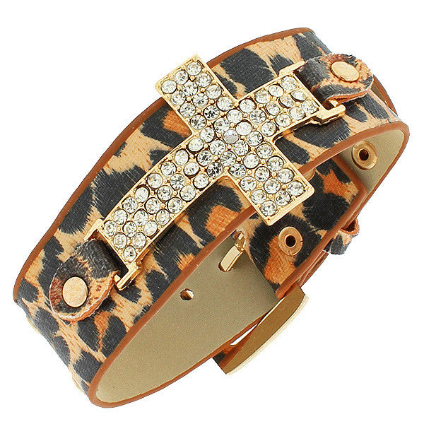 Faux Leather Leopard Brown Orange Black Pattern Yellow Gold-Tone Religious Cross CZ Wristband Adjustable Bracelet