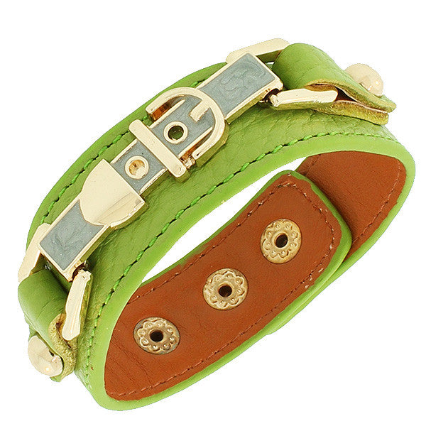 Light Green PU Leather Yellow Gold-Tone Turquoise-Tone Belt Buckle Snap Wristband Bracelet