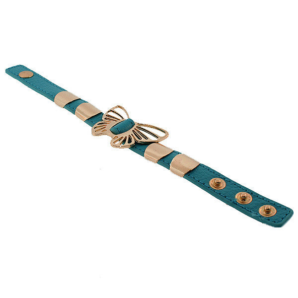 Blue Pu Leather Rose Gold-Tone Butterfly Snap Wristband Womens Girls Bangle Bracelet