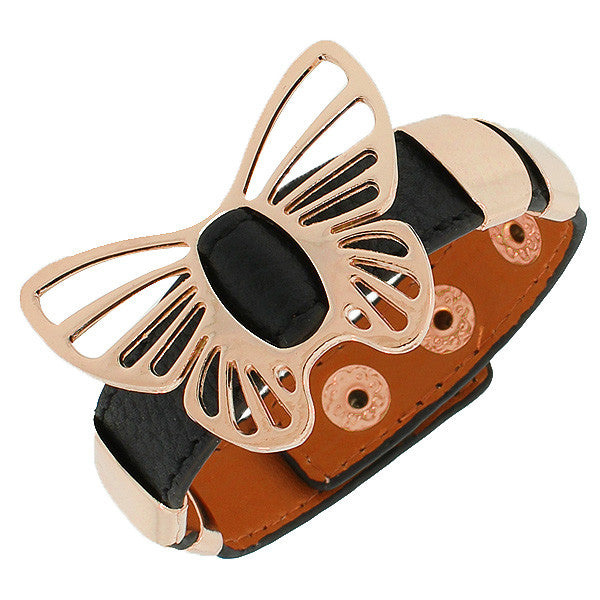 Black PU Leather Rose Gold-Tone Butterfly Snap Wristband Womens Girls Bangle Bracelet