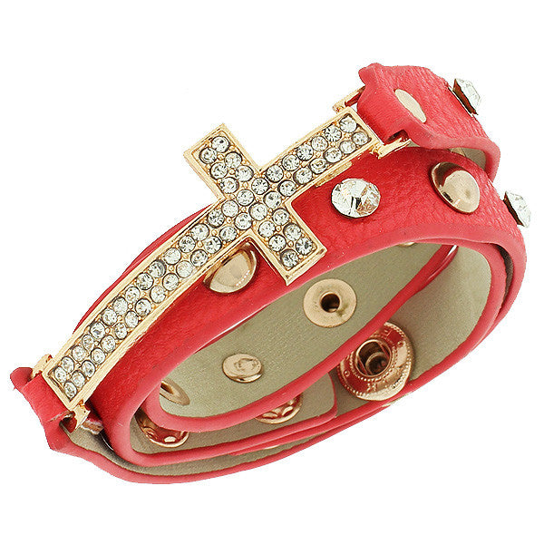 Red Pink PU Leather Yellow Gold-Tone Religious Cross White CZ Multi-Row Wristband Adjustable Bracelet
