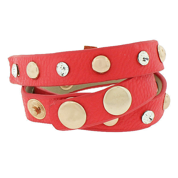 Red Pink PU Leather Wrap Around Religious Cross Wristband Adjustable Bracelet