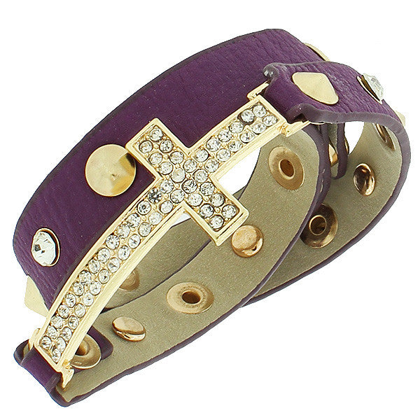 Violet Purple PU Leather Yellow Gold-Tone Religious Cross White CZ Multi-Row Wristband Adjustable Bracelet
