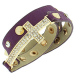 Violet Purple PU Leather Yellow Gold-Tone Religious Cross White CZ Multi-Row Wristband Adjustable Bracelet